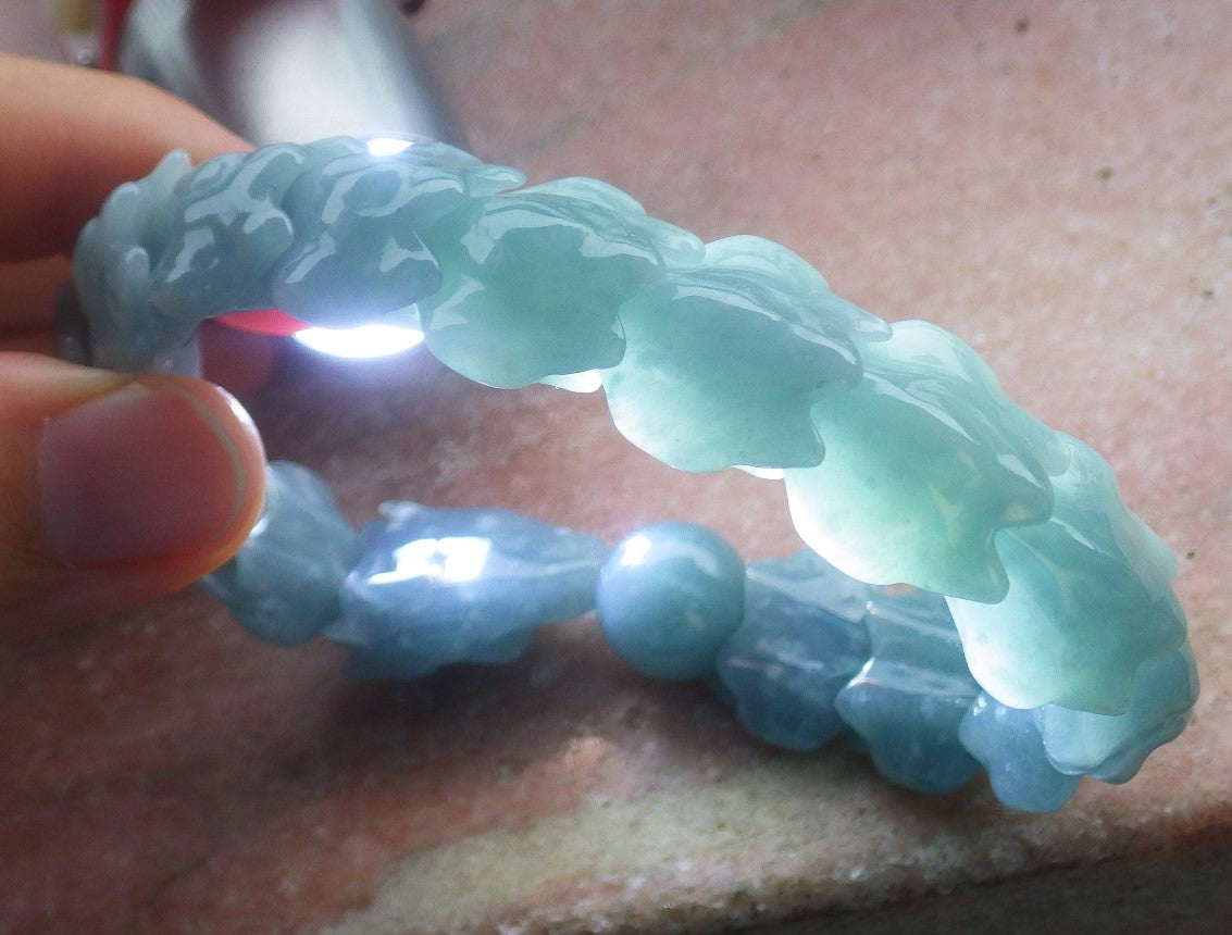 Certified Hand Carved Natural Blue Water Green A JADE Jadeite Dragon Bangle Elastic Bracelet