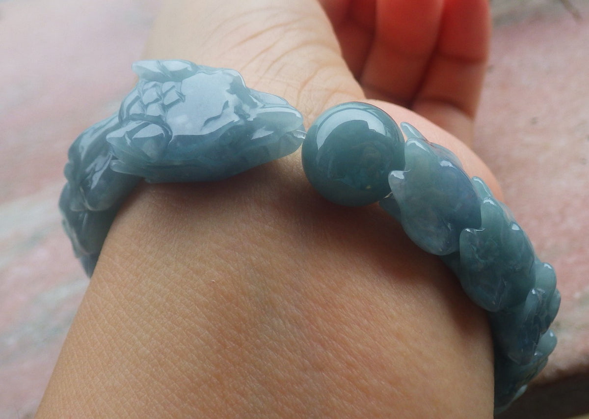Certified Hand Carved Natural Blue Water Green A JADE Jadeite Dragon Bangle Elastic Bracelet