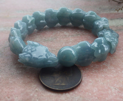 Certified Hand Carved Natural Blue Water Green A JADE Jadeite Dragon Bangle Elastic Bracelet