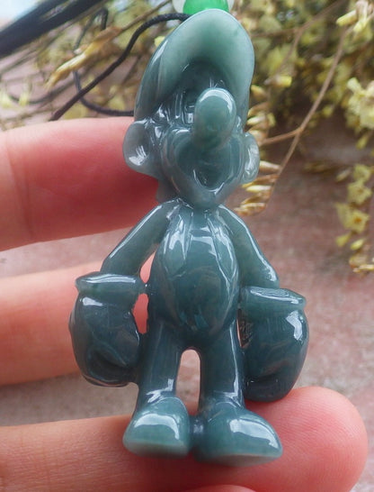 2 Item Certified Hand Carved Natural Myanmar Burma A Jade jadeite Cartoon Super Mario Luigi Pendant Necklace