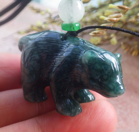 Certified Hand Carved Natural Myanmar Burma A Jade jadeite California Bear Pendant Necklace