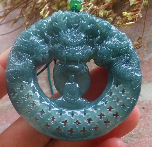 Certified Hand Carved Natural Myanmar Burma A Jade Jadeite Dragon Buddha God Pendant Necklace