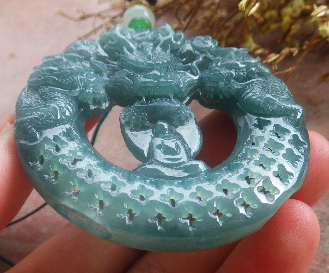 Certified Hand Carved Natural Myanmar Burma A Jade Jadeite Dragon Buddha God Pendant Necklace