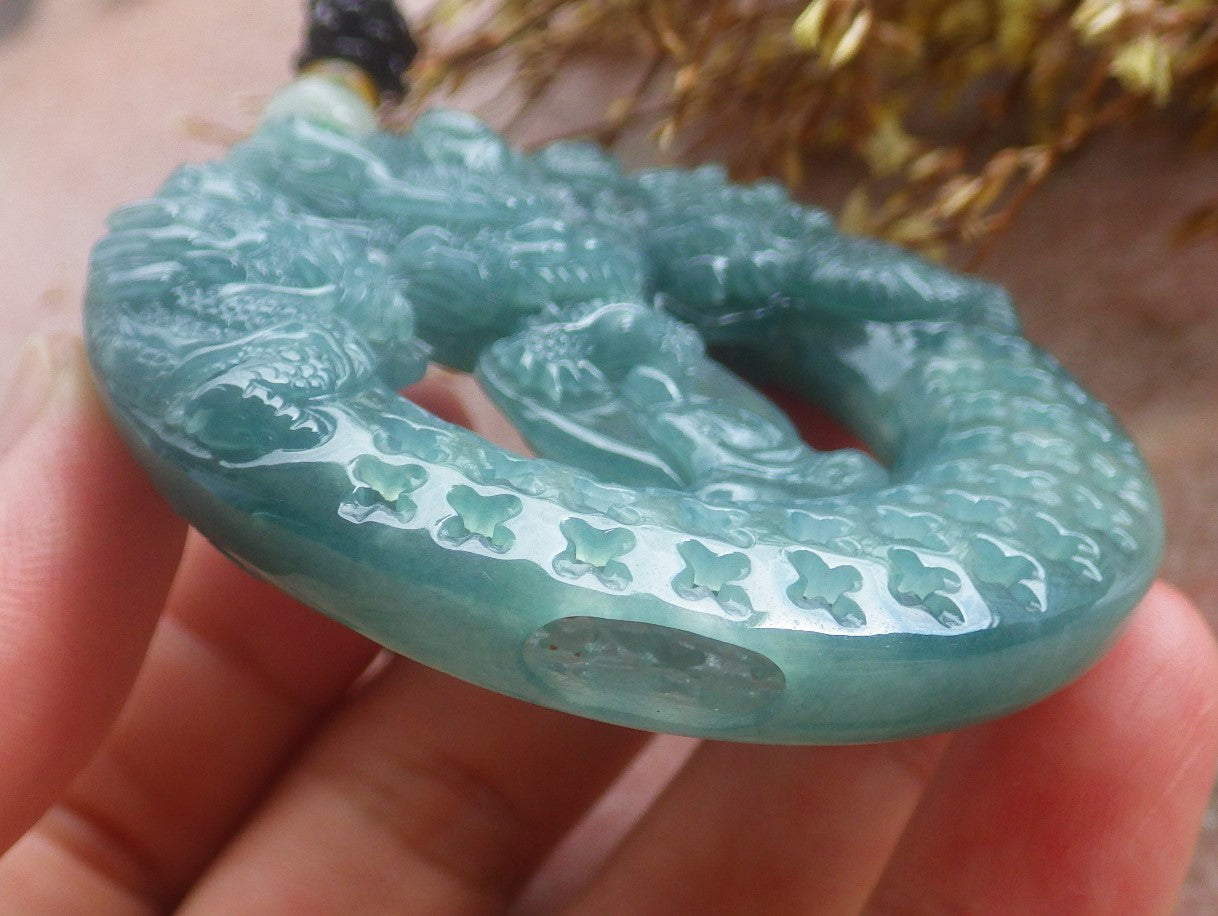 Certified Hand Carved Natural Myanmar Burma A Jade Jadeite Dragon Buddha God Pendant Necklace