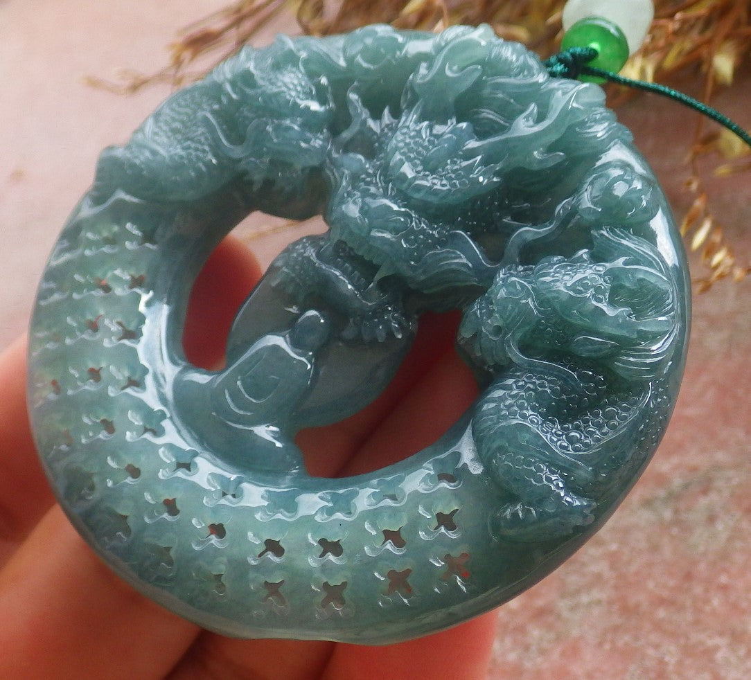 Certified Hand Carved Natural Myanmar Burma A Jade Jadeite Dragon Buddha God Pendant Necklace