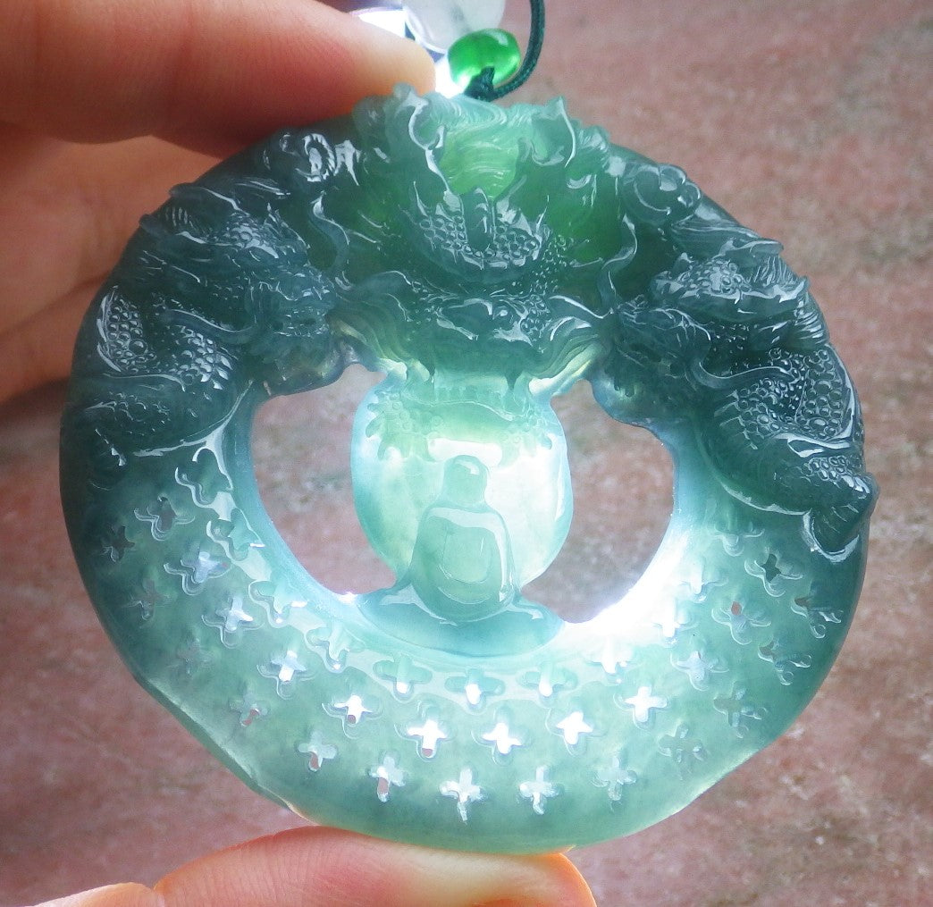 Certified Hand Carved Natural Myanmar Burma A Jade Jadeite Dragon Buddha God Pendant Necklace