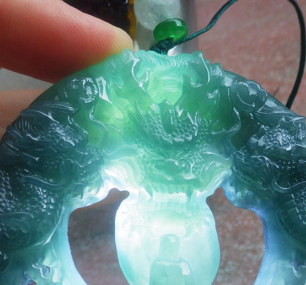 Certified Hand Carved Natural Myanmar Burma A Jade Jadeite Dragon Buddha God Pendant Necklace