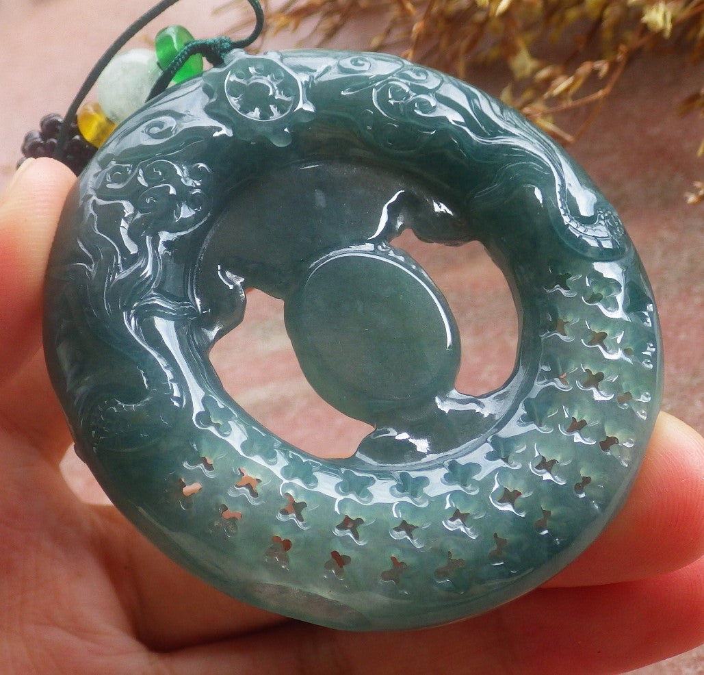 Certified Hand Carved Natural Myanmar Burma A Jade Jadeite Dragon Buddha God Pendant Necklace
