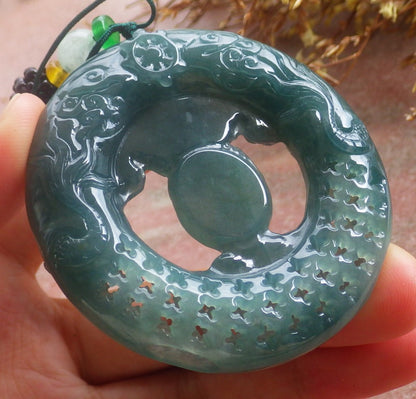 Certified Hand Carved Natural Myanmar Burma A Jade Jadeite Dragon Buddha God Pendant Necklace