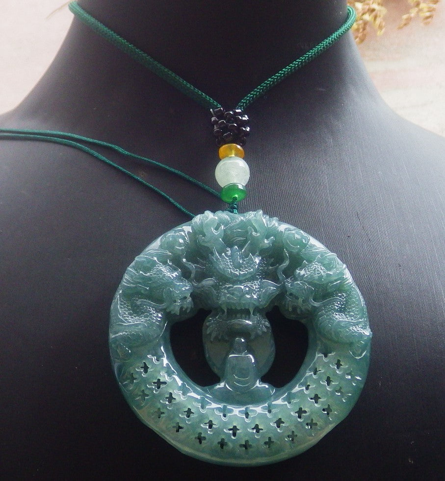 Certified Hand Carved Natural Myanmar Burma A Jade Jadeite Dragon Buddha God Pendant Necklace