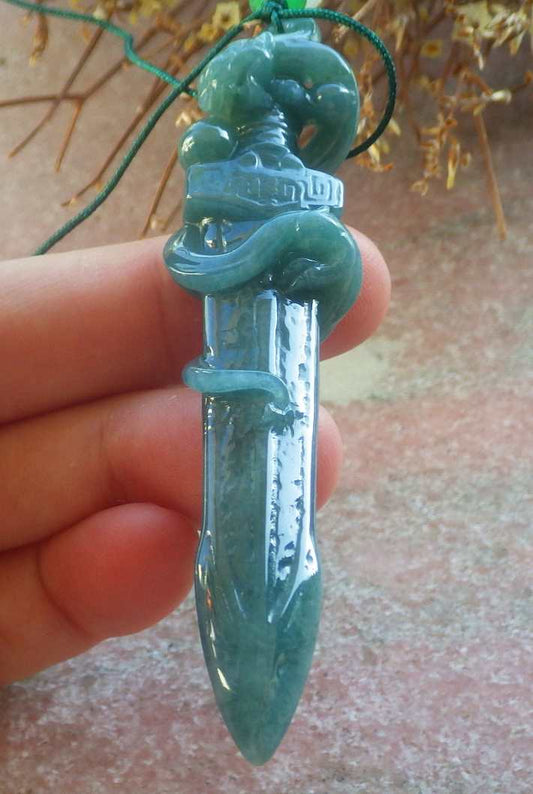 Certified Hand Carved Natural Myanmar Burma A Jade Jadeite Dragon Sword Pendant Necklace
