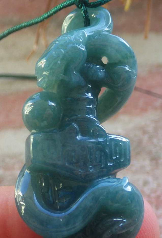 Certified Hand Carved Natural Myanmar Burma A Jade Jadeite Dragon Sword Pendant Necklace