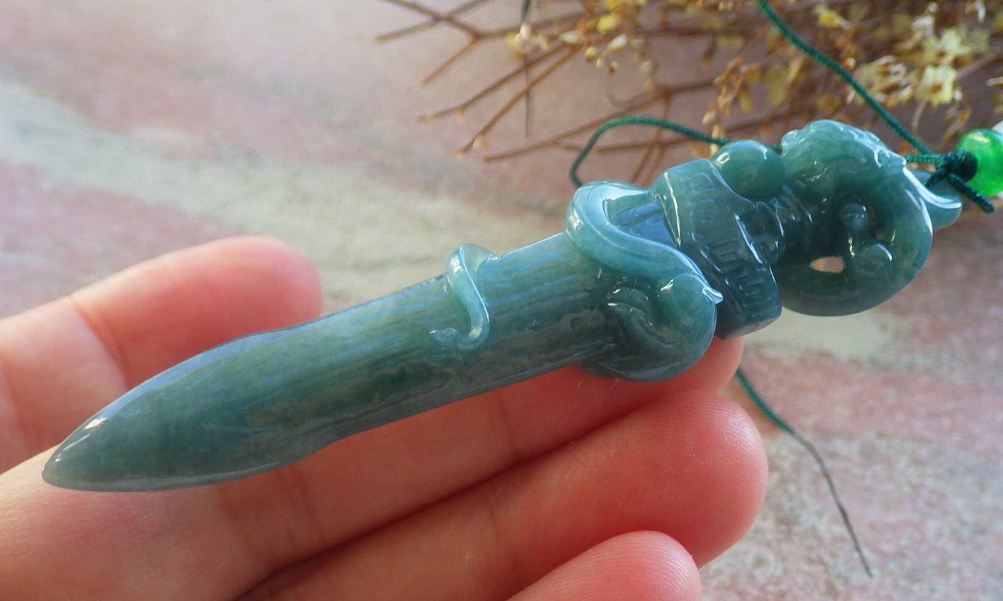 Certified Hand Carved Natural Myanmar Burma A Jade Jadeite Dragon Sword Pendant Necklace