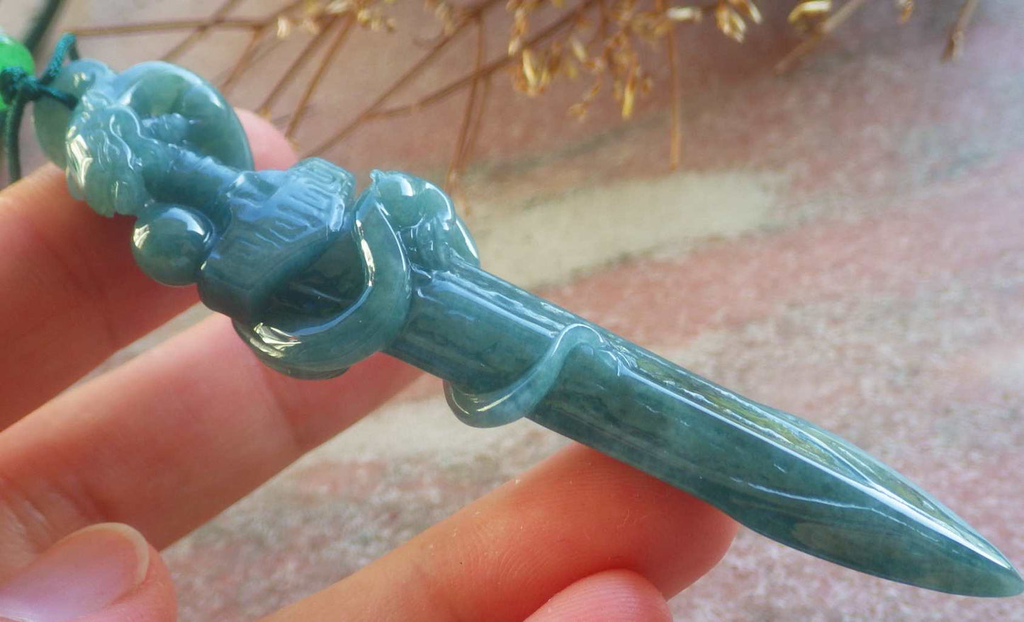 Certified Hand Carved Natural Myanmar Burma A Jade Jadeite Dragon Sword Pendant Necklace