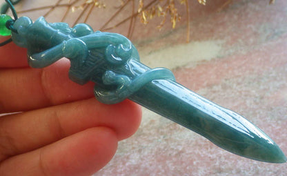Certified Hand Carved Natural Myanmar Burma A Jade Jadeite Dragon Sword Pendant Necklace