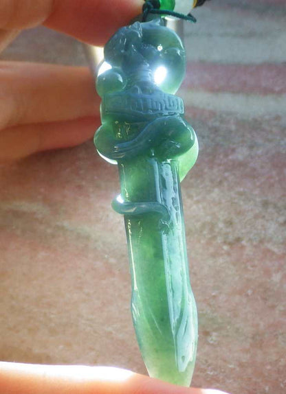 Certified Hand Carved Natural Myanmar Burma A Jade Jadeite Dragon Sword Pendant Necklace