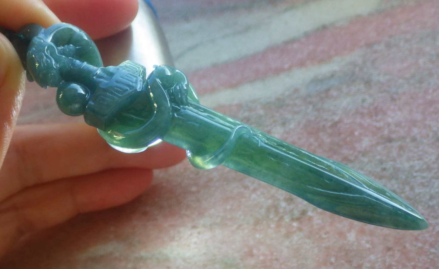 Certified Hand Carved Natural Myanmar Burma A Jade Jadeite Dragon Sword Pendant Necklace