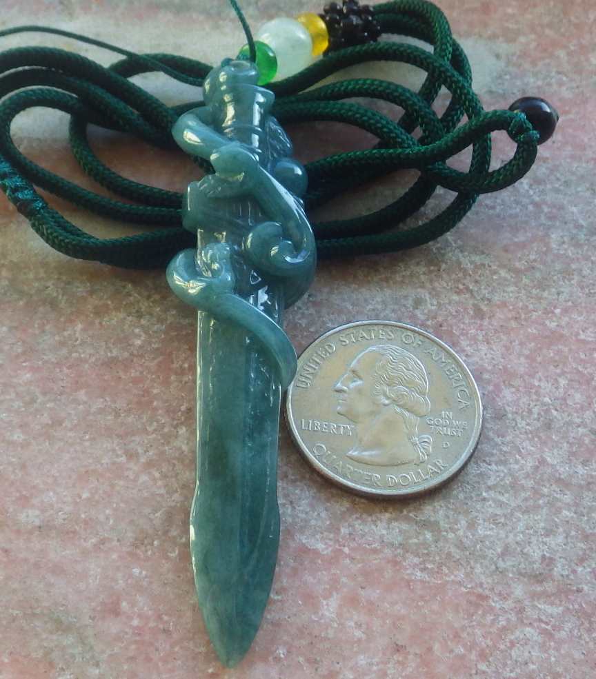 Certified Hand Carved Natural Myanmar Burma A Jade Jadeite Dragon Sword Pendant Necklace