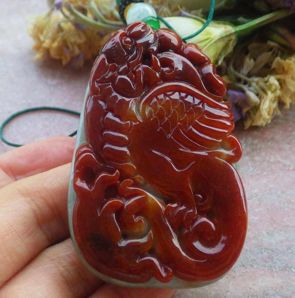 Certified Hand Carved Natural Myanmar Burma A Jade jadeite Dragon Phoenix Lotus Ruyi Pendant Necklace