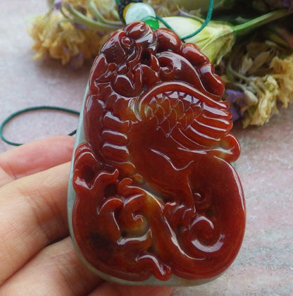 Certified Hand Carved Natural Myanmar Burma A Jade jadeite Dragon Phoenix Lotus Ruyi Pendant Necklace