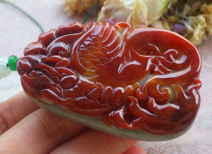 Certified Hand Carved Natural Myanmar Burma A Jade jadeite Dragon Phoenix Lotus Ruyi Pendant Necklace