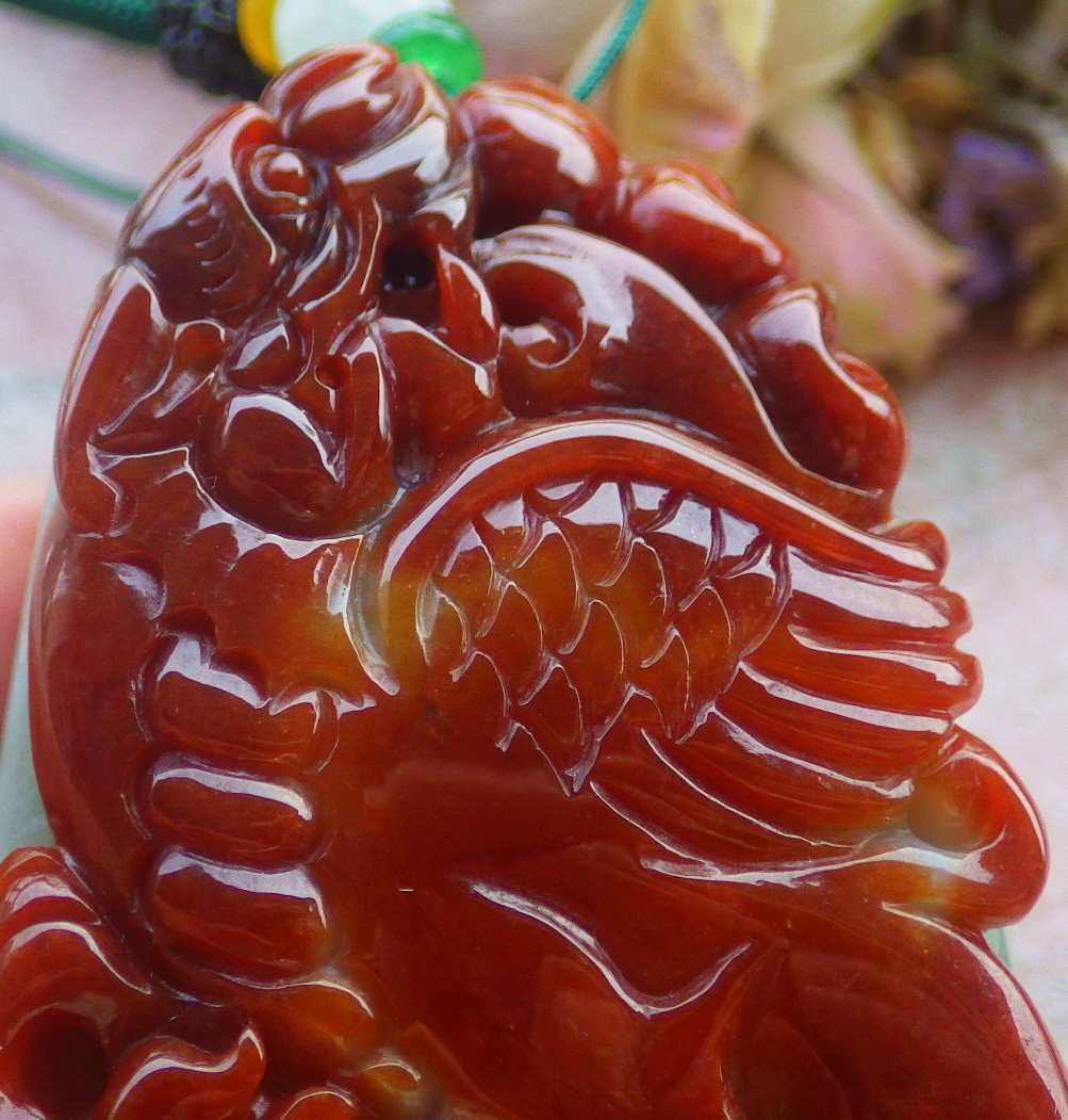 Certified Hand Carved Natural Myanmar Burma A Jade jadeite Dragon Phoenix Lotus Ruyi Pendant Necklace