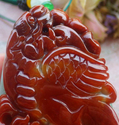 Certified Hand Carved Natural Myanmar Burma A Jade jadeite Dragon Phoenix Lotus Ruyi Pendant Necklace