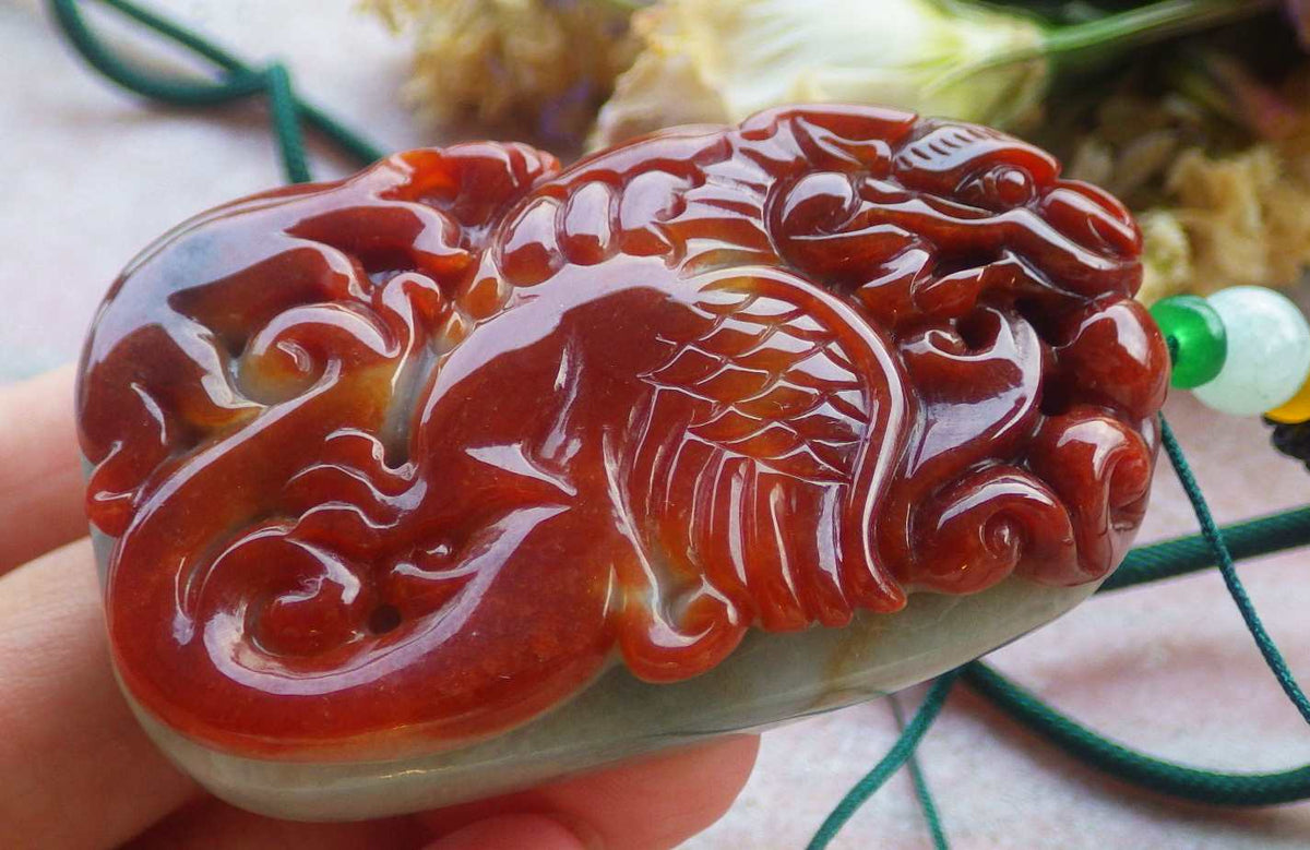 Certified Hand Carved Natural Myanmar Burma A Jade jadeite Dragon Phoenix Lotus Ruyi Pendant Necklace