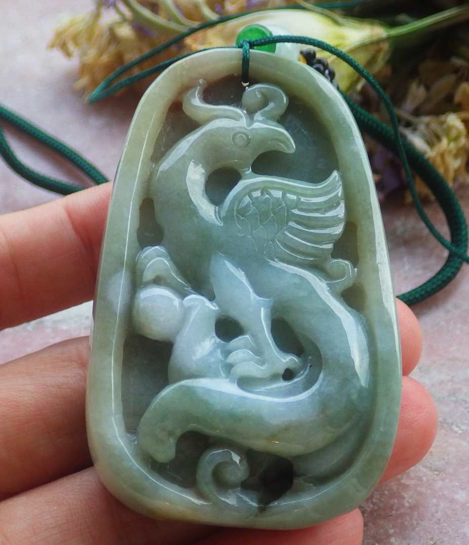 Certified Hand Carved Natural Myanmar Burma A Jade jadeite Dragon Phoenix Lotus Ruyi Pendant Necklace
