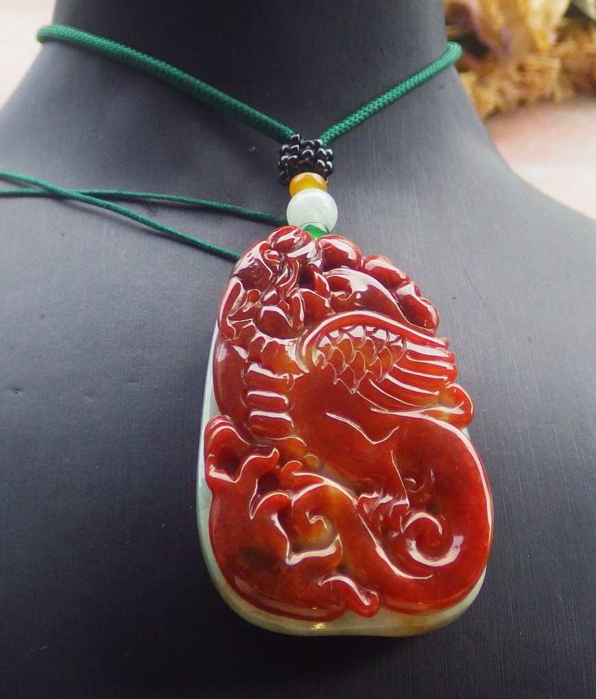 Certified Hand Carved Natural Myanmar Burma A Jade jadeite Dragon Phoenix Lotus Ruyi Pendant Necklace