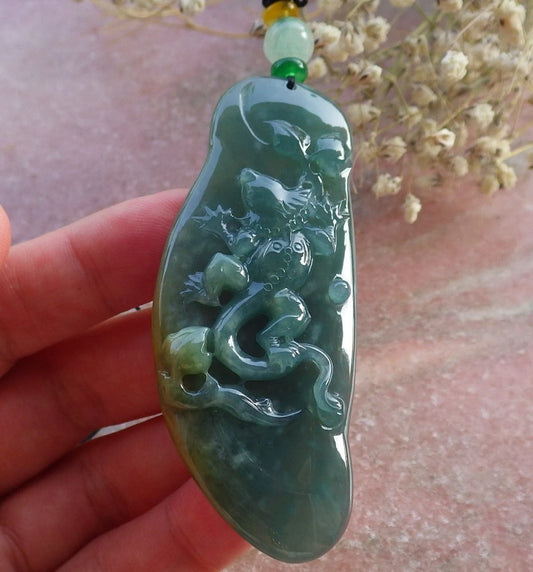 Certified Hand Carved Green Burma Natural A Jade jadeite Dragon Lizard Pendant Necklace