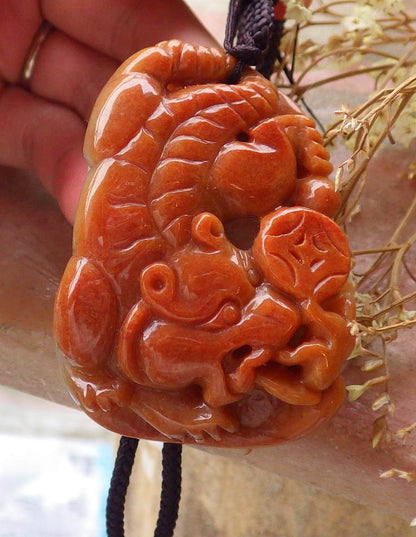 Certified Hand Carved Red 100% Natural Myanmar Burma A Jade Jadeite Zodiac Tiger Coin Ruyi Pendant Necklace