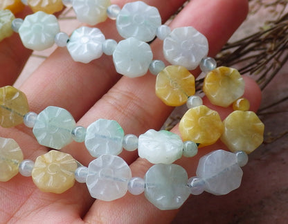 Certified Hand Carved 3 Color Natural Myanmar Burma A JADE Jadeite Flower beads 18 inches Necklace