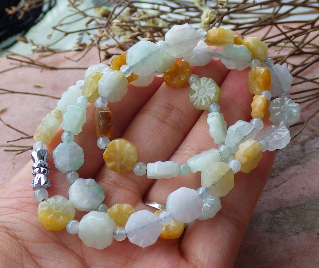 Certified Hand Carved 3 Color Natural Myanmar Burma A JADE Jadeite Flower beads 18 inches Necklace