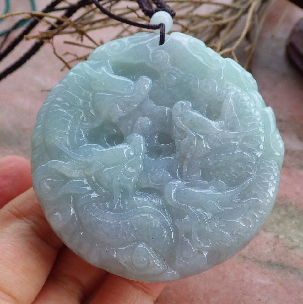 Certified Hand Carved Light Green Natural Myanmar Burma A Jade Jadeite 9 Dragon Spit Bead Pendant Necklace