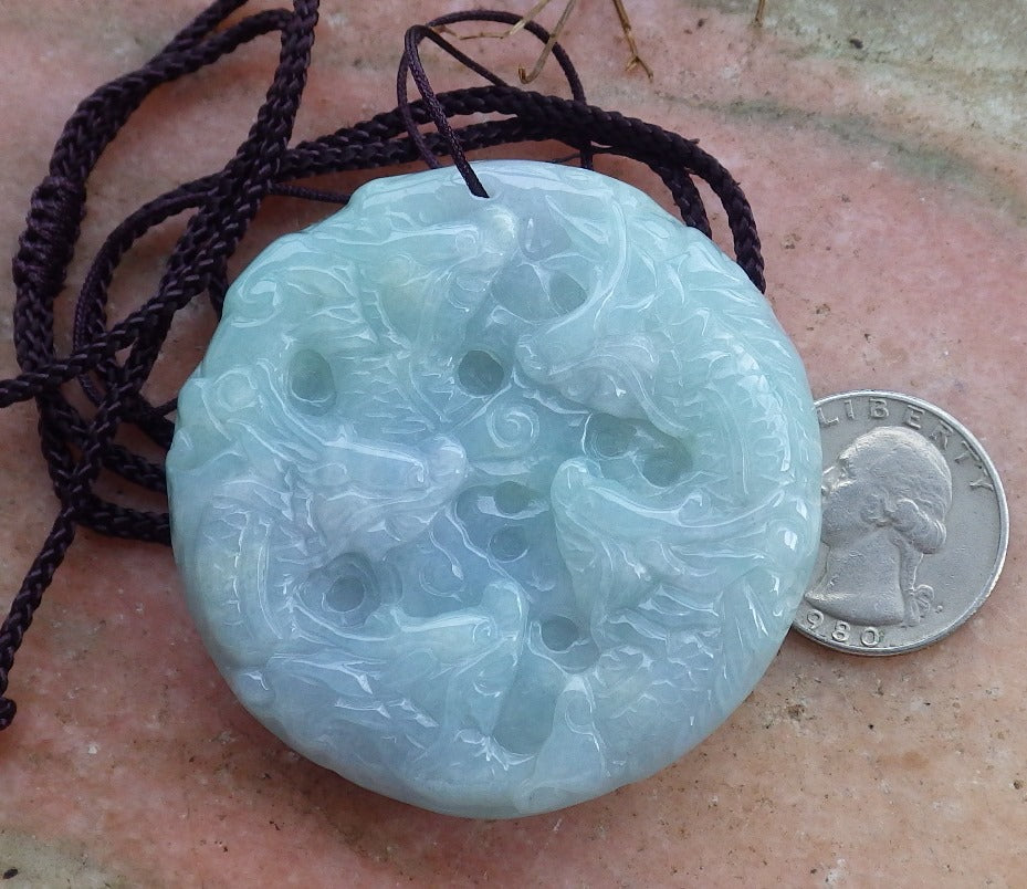 Certified Hand Carved Light Green Natural Myanmar Burma A Jade Jadeite 9 Dragon Spit Bead Pendant Necklace