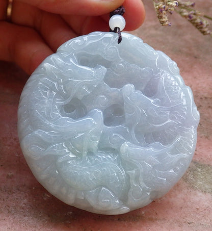 Certified Hand Carved Green Natural Myanmar Burma A Jade Jadeite Dragon Spit Bead Pendant Necklace