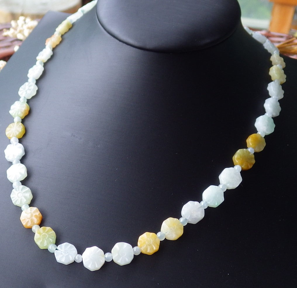 Certified Hand Carved Yellow Natural Burma A Jade Jadeite Lotus Flower Bead 18 inches Necklace