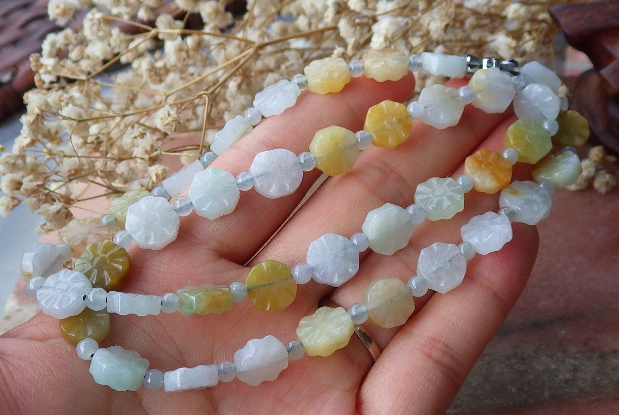 Certified Hand Carved Yellow Natural Burma A Jade Jadeite Lotus Flower Bead 18 inches Necklace