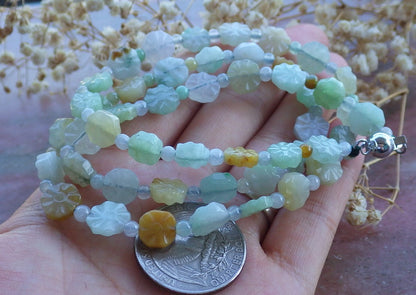 Certified Hand Carved Yellow Natural Burma A Jade Jadeite Lotus Flower Bead 18 inches Necklace