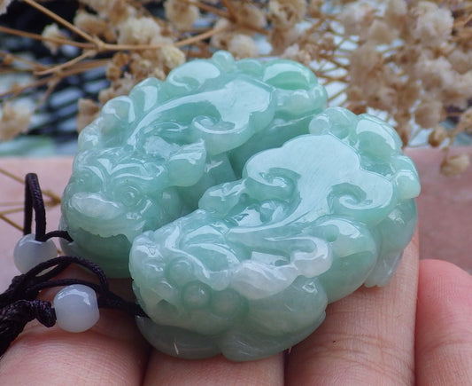 1 Pair Certified Hand Carved Green Natural Myanmar Burma A Jade Jadeite Dragon Pi Xiu Pendant Necklace
