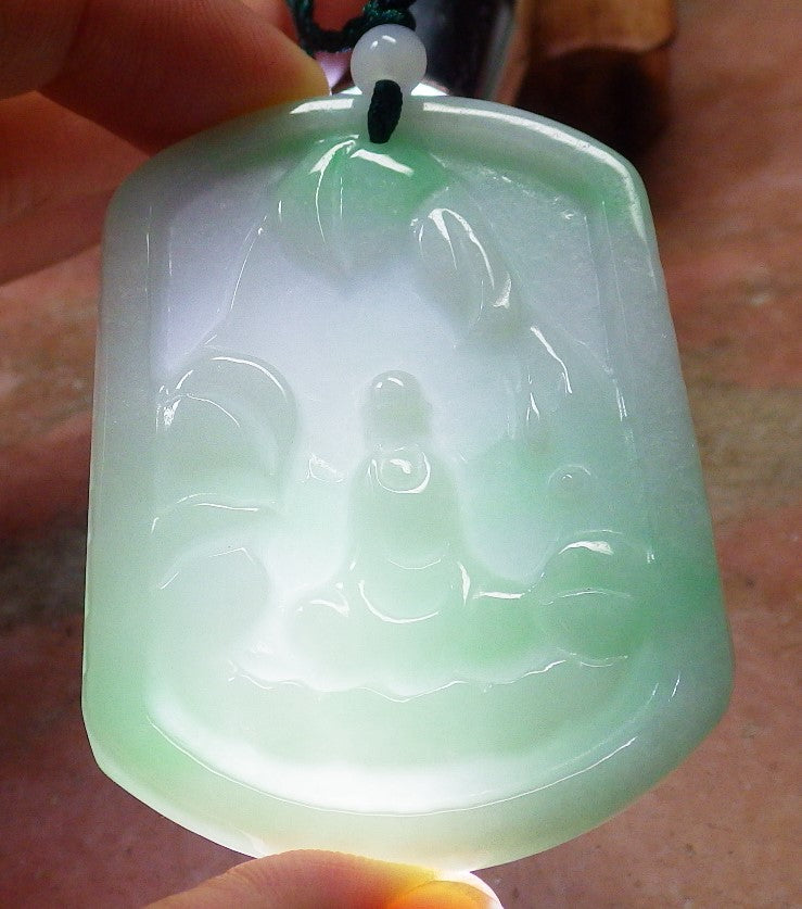 Certified Hand Carved Green Natural Burma A Jade Jadeite No Face Buddha God Pendant Necklace