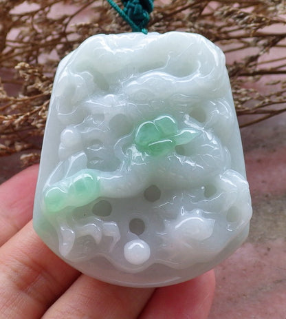 Certified Hand Carved Green 100% Natural Myanmar Burma A Jade Jadeite Dragon Spit Bead Pendant Necklace