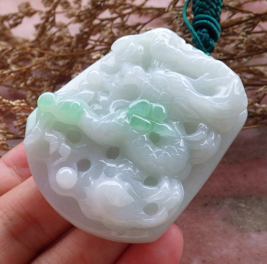 Certified Hand Carved Green 100% Natural Myanmar Burma A Jade Jadeite Dragon Spit Bead Pendant Necklace