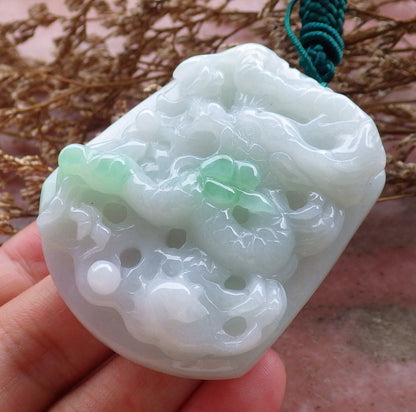 Certified Hand Carved Green 100% Natural Myanmar Burma A Jade Jadeite Dragon Spit Bead Pendant Necklace