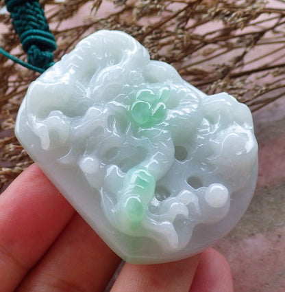 Certified Hand Carved Green 100% Natural Myanmar Burma A Jade Jadeite Dragon Spit Bead Pendant Necklace