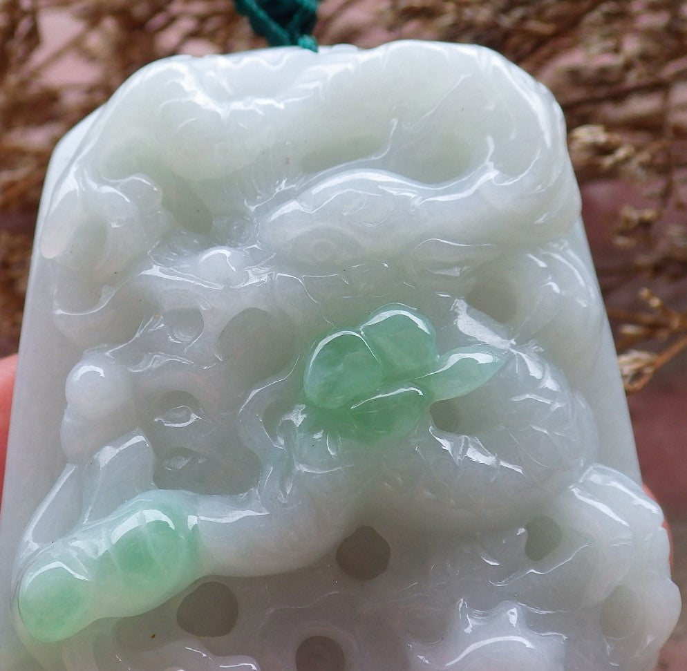 Certified Hand Carved Green 100% Natural Myanmar Burma A Jade Jadeite Dragon Spit Bead Pendant Necklace