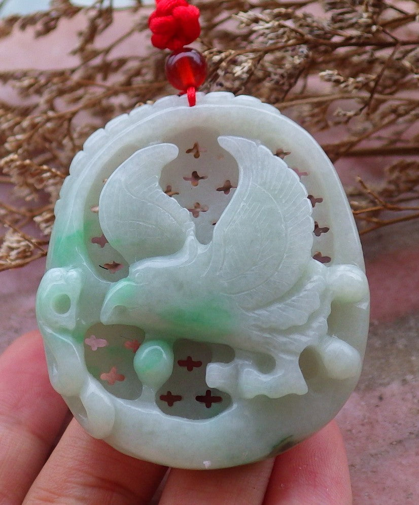 Certified Hand Carved Green 100% Natural Myanmar Burma A Jade Jadeite Eagle Ruyi Pendant Necklace