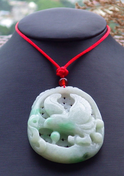 Certified Hand Carved Green 100% Natural Myanmar Burma A Jade Jadeite Eagle Ruyi Pendant Necklace