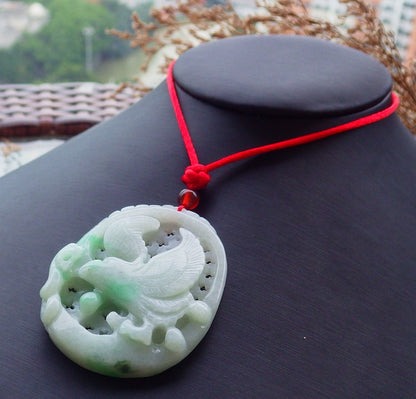 Certified Hand Carved Green 100% Natural Myanmar Burma A Jade Jadeite Eagle Ruyi Pendant Necklace